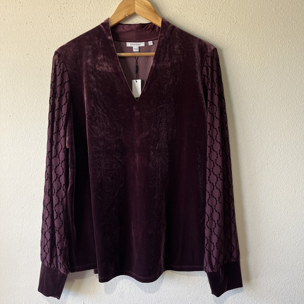 Chico's Velvet Art Deco Burnout Sheer V Neck Blouse Fairy Holiday US XL/3 New - Picture 1 of 9